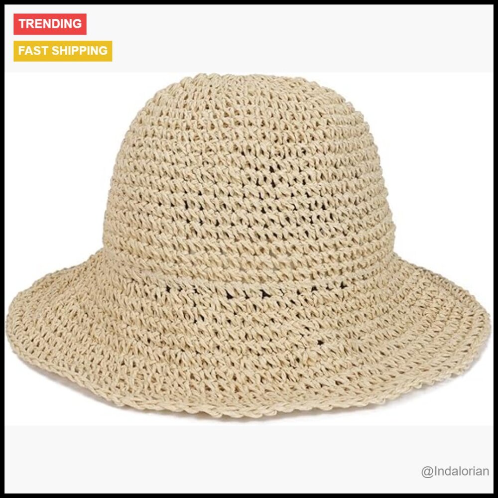Crochet Straw Sun Hat Wide Brim Foldable Floppy Beach Summer Boho Chic